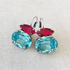 Red turquoise teal blue LARGE crystal drop earrings wedding jewelry